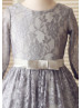 Gray Lace Long Sleeves Slit Back Knee Length Flower Girl Dress  